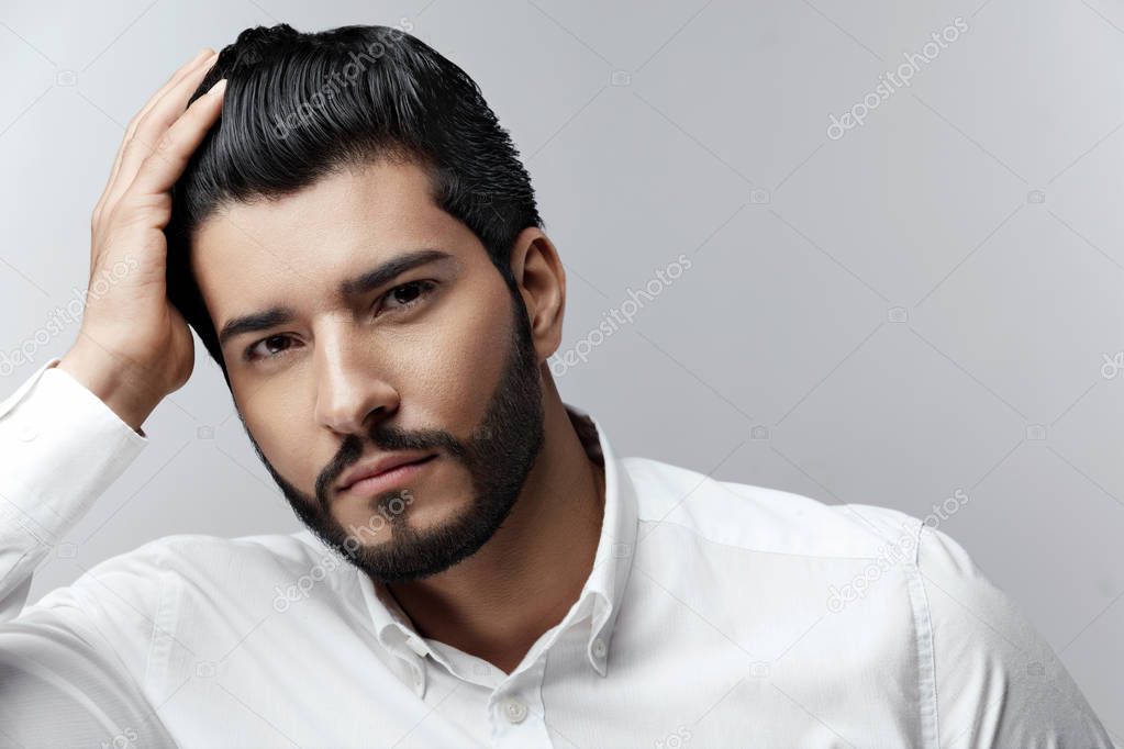 Fashion Man Portrait. Male Model With Hair Style And Beard