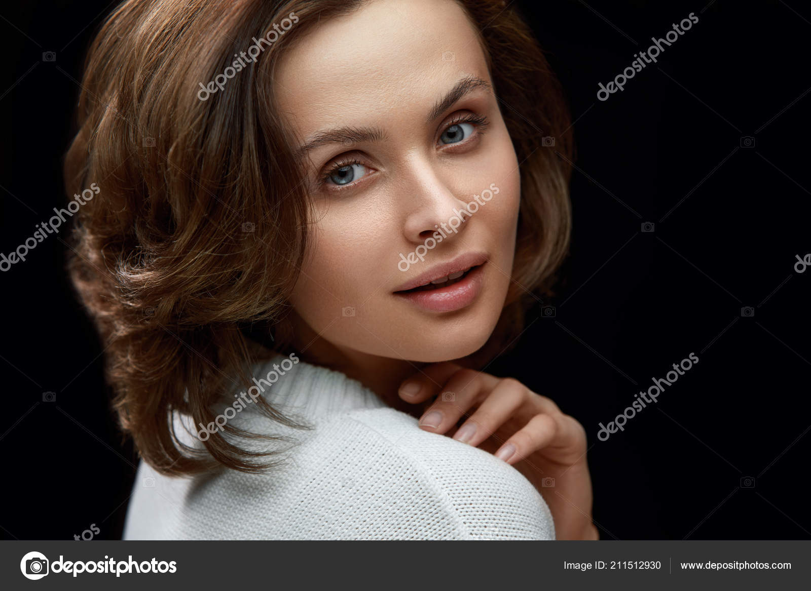 Beautiful Woman With Beauty Face Short Hair And Natural Makeup