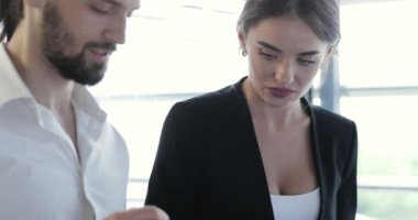 İş ofisi. Telefon ve bilgisayar başında çalışan kadın ile adam