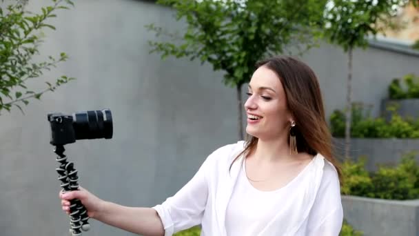 Woman Recording Video Vlog Camera Outdoors Happy Female Filming Video — Stock Video