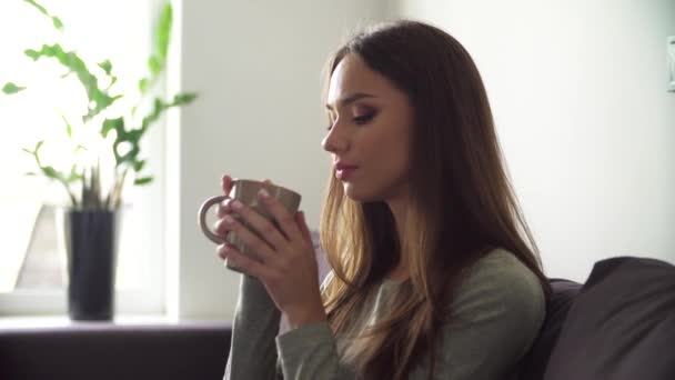 Drink. Mooie vrouw drinken koffie in de ochtend — Stockvideo