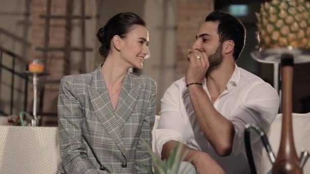 Date At Shisha Bar. Man Feeding Woman With Grapes — Stock Video