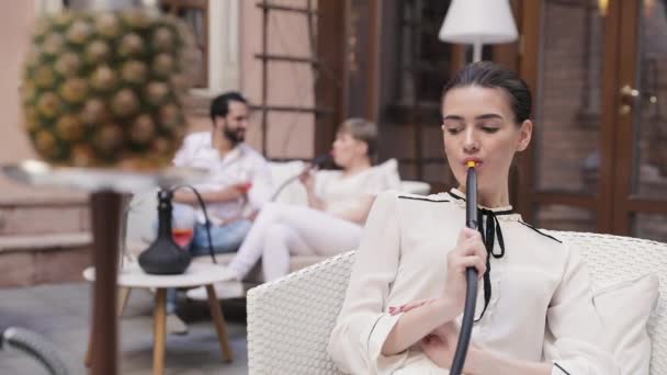Hookah Lounge Beautiful Woman Smoking Shisha Resting Bar Relaxing People — Stock Video