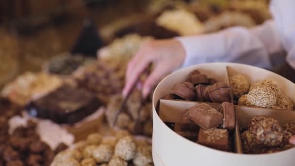 Шоколадные конфеты в кондитерском магазине — стоковое видео