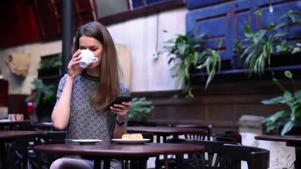 Hermosa mujer usando el teléfono en el café, beber café — Vídeos de Stock