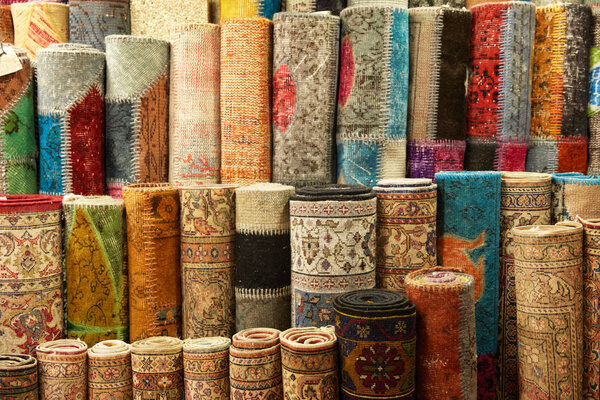 Traditional Handmade Turkish Carpets At Store Closeup 
