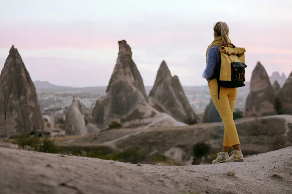 旅行。女性がバックパックと自然で旅行 — ストック写真