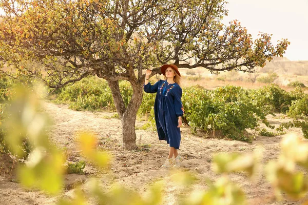 Gente Naturaleza Hermosa Mujer Sombrero Vestido Cerca Árbol Verde Valle —  Fotos de Stock