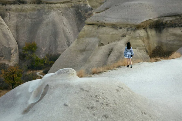 Γυναίκα με φόρεμα που ταξιδεύουν στη φύση, στέκεται στην κοιλάδα των βράχων — Φωτογραφία Αρχείου