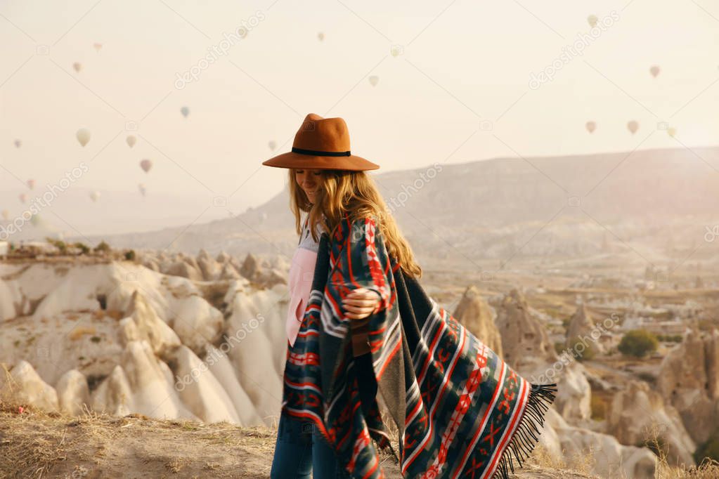 Travel. Woman In Hat Having Fun Outdoors, Enjoying Landscape