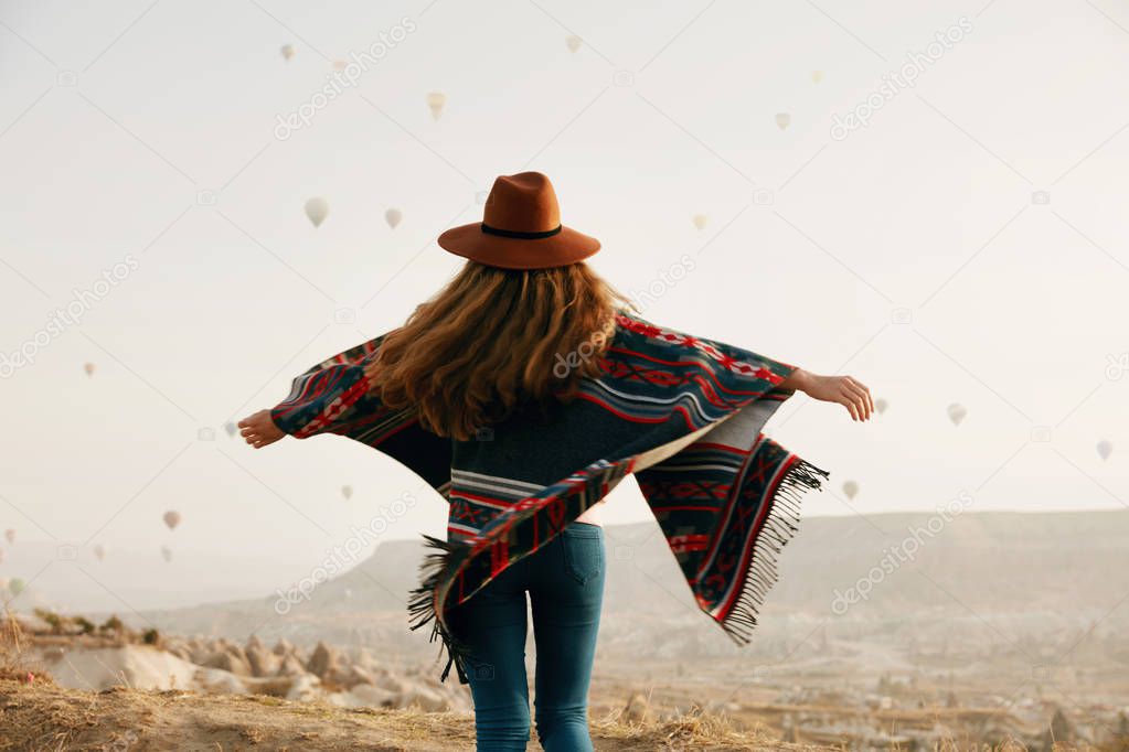 Travel. Woman In Hat Having Fun Outdoors, Enjoying Landscape