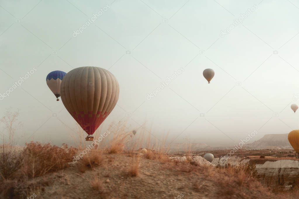 Travel. Beautiful Hot Air Balloon Flying In Sky Above Valley