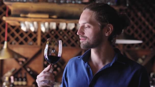 Dégustation de vin. Homme sentant, buvant du vin rouge à la cave — Video