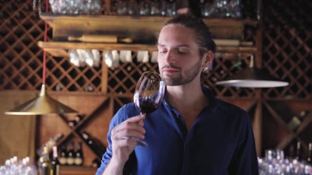 Degustación de vinos. Hombre oliendo, bebiendo vino tinto en bodega — Vídeo de stock