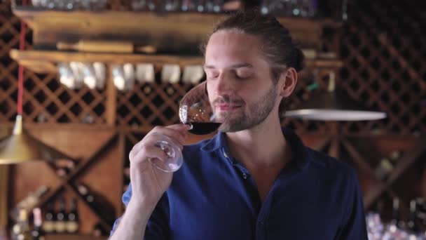 Dégustation de vin. Homme sentant, buvant du vin rouge à la cave — Video