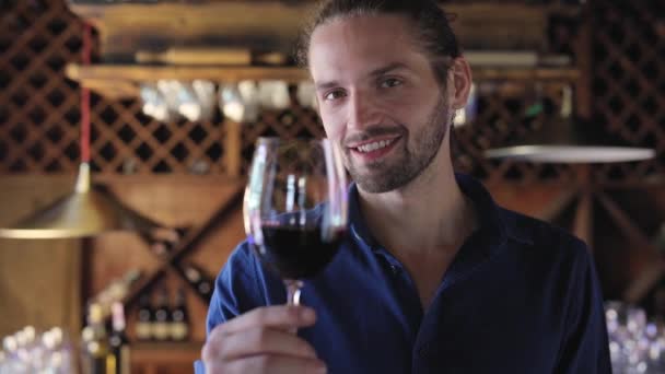 Homme buvant du vin rouge à partir de verre au restaurant de cave — Video