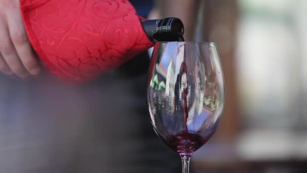 Rotwein. Kellner schenkt Wein im Glas im Restaurant ein — Stockvideo