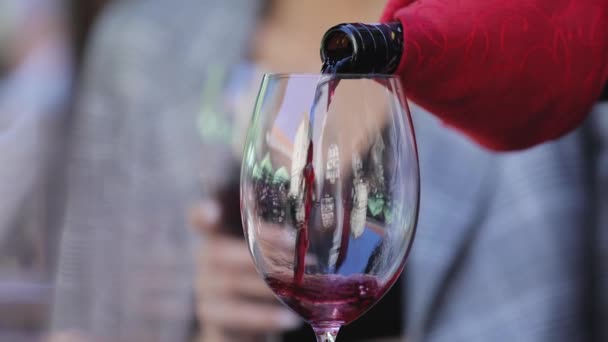 Rotwein. Kellner schenkt Wein im Glas im Restaurant ein — Stockvideo