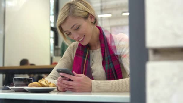 Technologie. Lächelnde Frau benutzt Handy im Café — Stockvideo