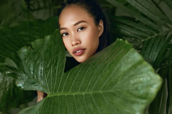 Beauty face. Woman model with natural makeup behind green leaf — Stock Photo, Image