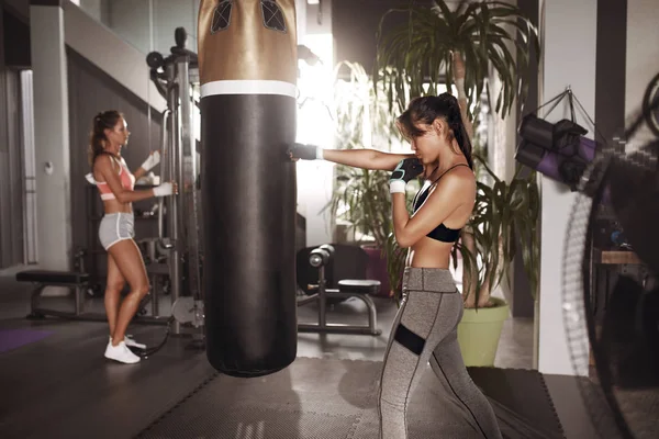 Desporto. Mulher boxeador fazendo treinamento de boxe ou treino no ginásio — Fotografia de Stock