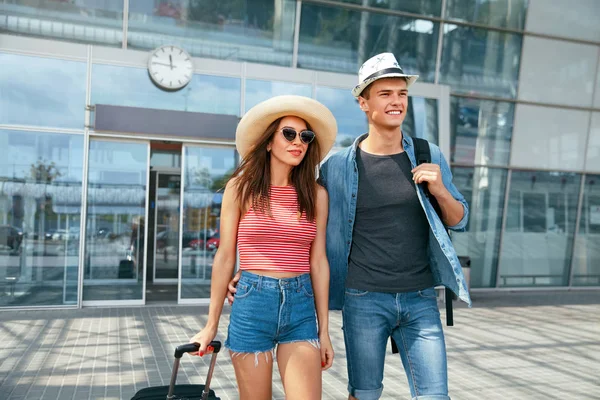 Travel. Happy Couple Near Airport, Traveling On Vacations