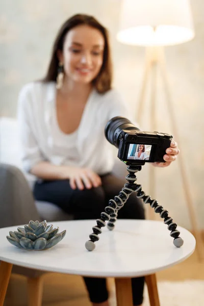 Woman Filming Video Blog On Camera At Home — Stock Photo, Image