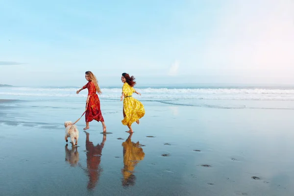 Summer. Women On Dog-Friendly Beach. Stylish Models In Boho Dresses Running Barefoot With Dog Along Coastline. Silhouette Reflection Of Fashion Girls In Bohemian Clothing And Footprints On Wet Sand.