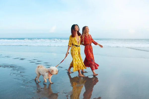 Praia Amigável Para Cães Mulheres Vestidos Boho Andando Com Cão — Fotografia de Stock