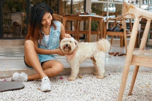 テラスで犬と女性 ファッションで美しいアジアのモデル犬に優しいカフェでパティオでハグペット パピーと遊び 夏休みを楽しむジーンズの幸せな女性 — ストック写真