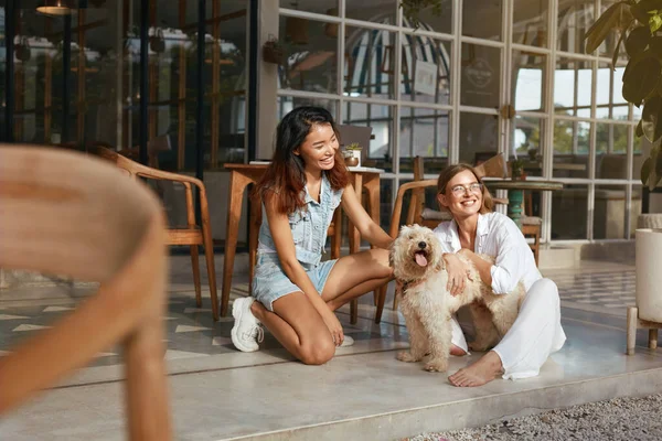 Musim Panas Women Pet Terrace Dog Friendly Cafe Dalam Bahasa — Stok Foto