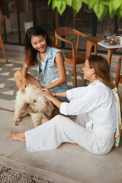 Women Dog Terrace Beautiful Models Playing Pet Dog Friendly Cafe — Stock Photo, Image