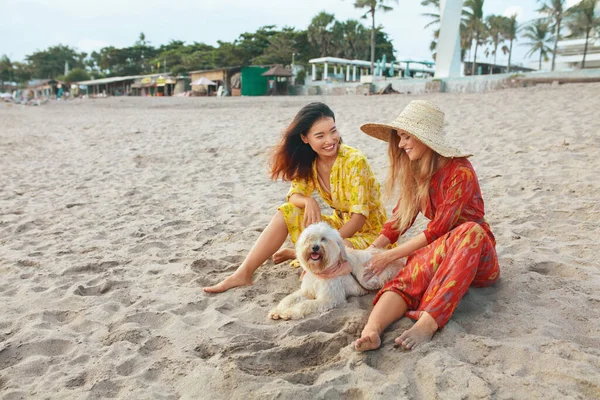 Girls Dog Beach Models Bohemian Clothing Straw Hat Pet Sandy — Stock Photo, Image