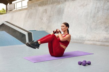Antrenman yapıyorum. Spor salonundaki jimnastikçi kız dışarıda yoga minderi egzersizi yapıyor. Seksi kaslı seksi kadın moda spor kıyafetleriyle beton duvara karşı antrenman yapıyor. Güçlü ve Etkin Şehir İnsanları.