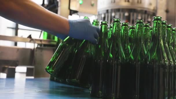 Bierbrauereiproduktion. Mann wirft Flaschen auf Förderband — Stockvideo