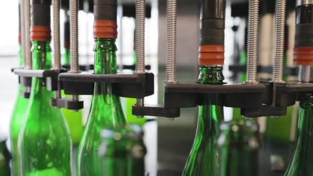 ビール生産。醸造所閉鎖時のボトル付きコンベアライン — ストック動画