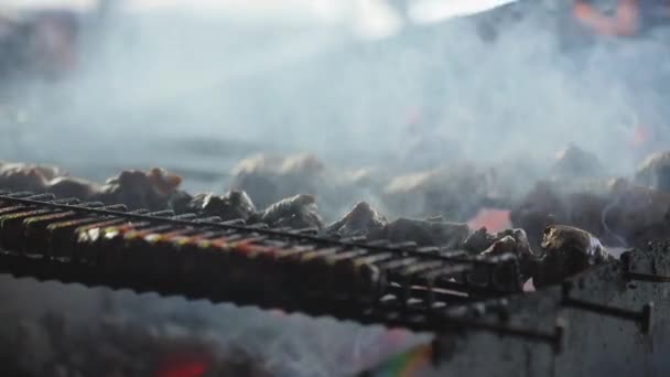 Matlagning Närbild. Kött på grill på grillrestaurang — Stockvideo