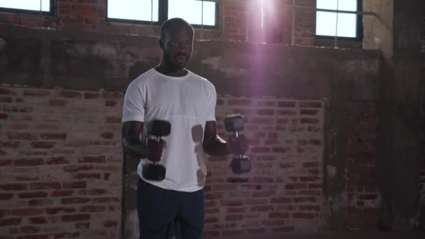 Тренування. Спортсмен робить вправи рукою з гантелі в спортзалі — стокове відео