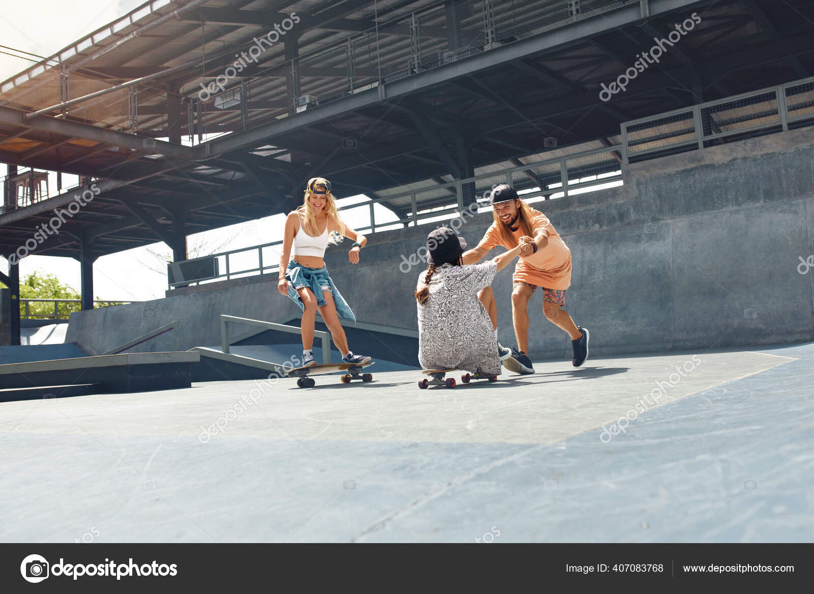 Subculture. Friends Skateboarding At Skatepark. Skater Man And Girls In