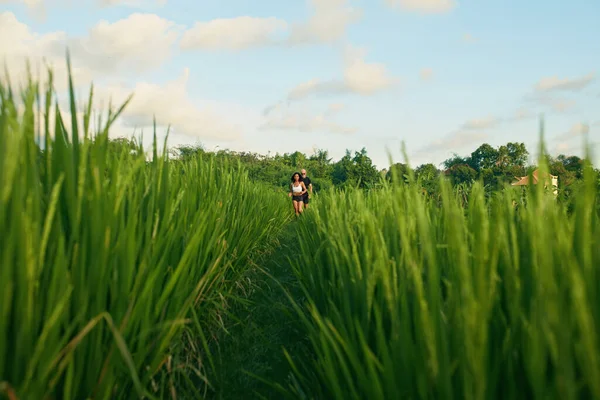Ώριμο ζευγάρι που τρέχει στο χωράφι με το ρύζι το πρωί. Καυκάσιος άνδρας και Ασιάτισσα γυναίκα στο τρέξιμο γυμνάζεται μεταξύ πράσινο γρασίδι κατά τροπικό τοπίο. — Φωτογραφία Αρχείου