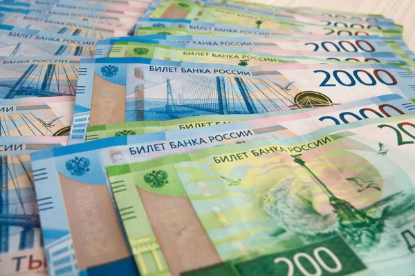 Russian New Paper Currency Lying Chaotic Order — Stock Photo, Image