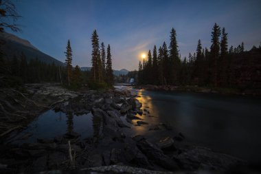 Nehir, kayalık sahil ve gün batımı arka plan ile iğne yapraklı orman