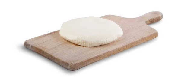 Morceau Fromage Sur Planche Bois Isolé Sur Fond Blanc — Photo