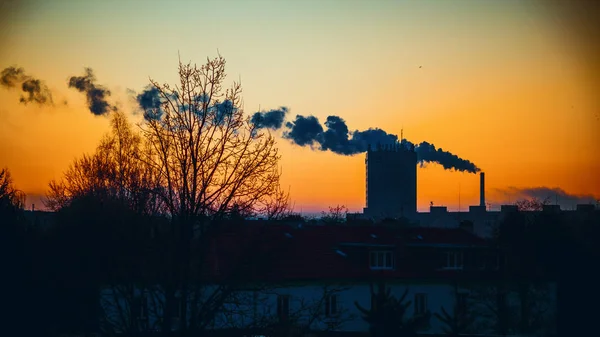 Sunset over city with smoking plant