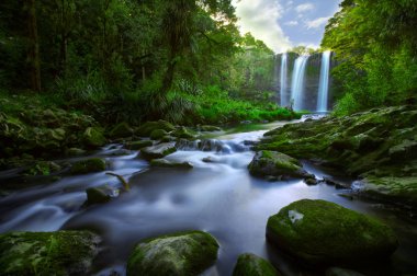 Taze yeşil ormanda Şelale, uzun pozlama çekim.
