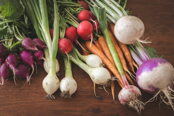 Fresh spring root vegetables on wooden table. First harvest of radishes, garlic, carrots, spring onions and turnip. Close up view of raw and homegrown vegetable