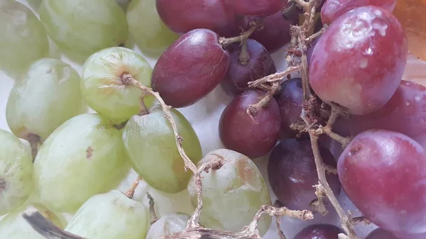 Een Close Van Groene Paarse Druiven Trossen Zoete Sappige Smakelijke — Stockfoto