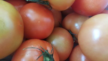 Kırmızı domates pazarında Satılık Kırmızı sepet içinde. Metin için bir meyve arka plan