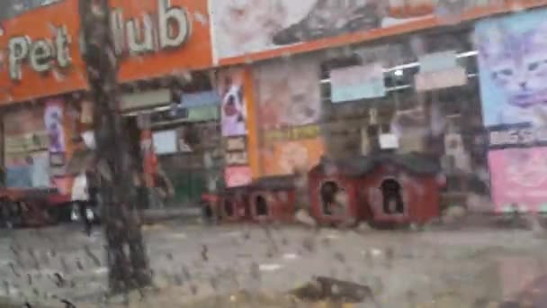 Vista de cerca de las gotas de lluvia en un espejo de la ventana del coche — Vídeo de stock