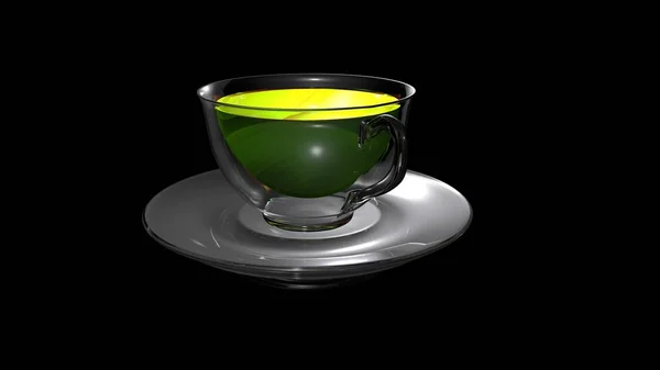 Taza de vidrio brillante de té aromático caliente colocada sobre un platillo transparente —  Fotos de Stock
